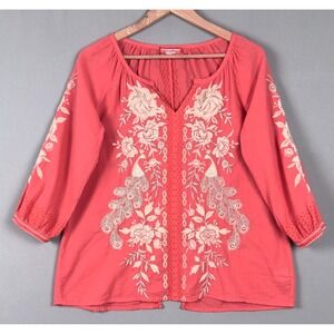 Johnny Was Workshop Peacock Peasant Blouse XS Coral Boho Floral Top